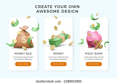 3D Money bag with falling gold coins and paper currency. Green wad of dollars and piggy bank with percent sign. Investment and business banner or template. Vector illustration