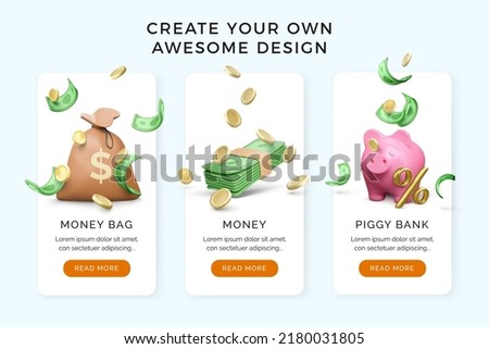 3D Money bag with falling gold coins and paper currency. Green wad of dollars and piggy bank with percent sign. Investment and business banner or template. Vector illustration