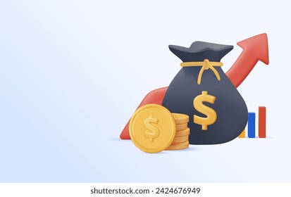 3D money bag, Online payment, Business and finance concept. Investment, revenue and stock trading banner. Financial concept, Pouch Money bag and coins. Vector illustration