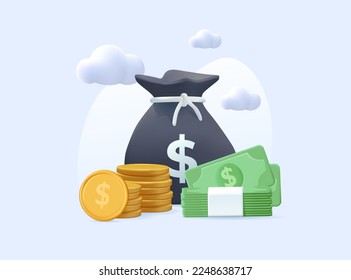 3D Money bag render banner vector illustration. 3D Dollars and gold coins stack. Business success and banking icon. Isolated on white. Cash money dollars banknotes
