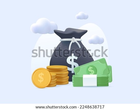 3D Money bag render banner vector illustration. 3D Dollars and gold coins stack. Business success and banking icon. Isolated on white. Cash money dollars banknotes