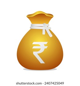 3D money bag with rupee sign. Cash money, business and finance element object.