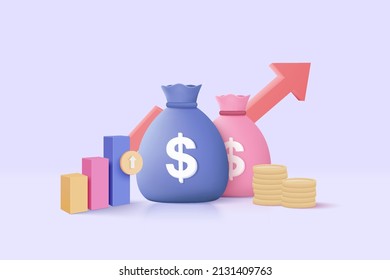 3D money bags   coin stack saving in background  Money 3d bags growing business for loan finance  investment  online payment   payment  3d money earning vector render isolated growth background