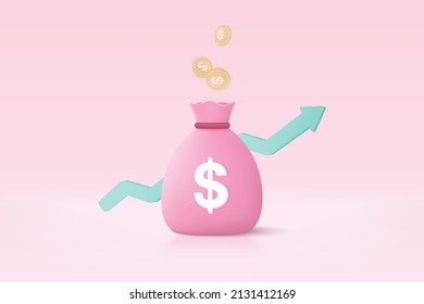 3D money bags and coin stack saving in background. Money bags growing business concept for finance, investment, online payment and payment. 3d money earning vector render isolated on pink background