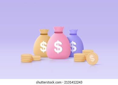 3D money bags and coin stack saving in background. Money bags growing business concept for finance, investment, online payment and payment. 3d money earning vector render isolated on pastel background