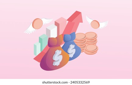 3D money bags and coin stack saving in background. Money 3d bags growing business for loan finance, investment, online payment and payment.3d goal for business, bank, finance, investment illustration.