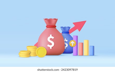 3D money bags and coin stack saving. Money 3d bags growing business for loan finance, investment, online payment and payment. 3d rendering. Vector illustration