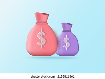 3d money bags on soft green pastel background. Shopping online, sale, promotion, finace. Minimal cartoon icon. Vector illustration