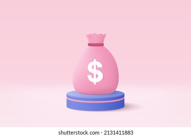 3D money bags saving on podium background. Money bags growing business concept for finance, investment, online payment and payment. 3d money earning vector render isolated on pastel background