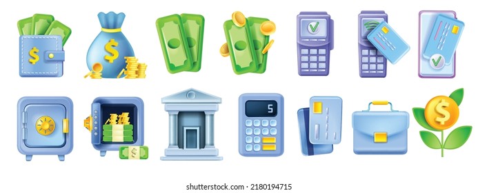 3D-Geld-Bank-Symbol gesetzt, verschlossen Safe, Terminal, Kreditkarte, Gebäude, Vektorfinanz-Business-Kit. Sammlung von Bankensymbolen, Aktenmappe, Taschenrechner. Online-Zahlung-Rückkasse, Illustration