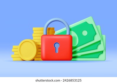 3D Money Cash with Padlock Isolated. Render Gold Coins and Dollars and Pad Lock. Protect Wallet Icon. Safety Payments. Secure Payments, Financial Security, Money Under Protection. Vector Illustration