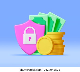 3D Money Cash with Padlock Isolated. Render Gold Coins and Dollars and Pad Lock. Protect Wallet Icon. Safety Payments. Secure Payments, Financial Security, Money Under Protection. Vector Illustration