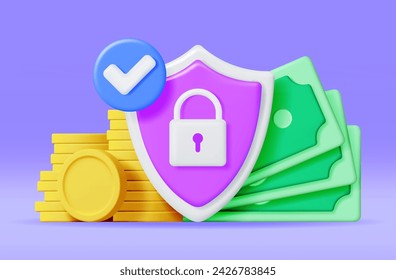 3D Money Cash with Padlock in Shield Isolated. Render Gold Coins, Dollars and Pad Lock. Protect Wallet Icon. Safety, Secure Payments, Financial Security, Money Under Protection. Vector Illustration