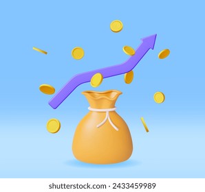 3D Money Cloth Bag with Coins and Arrow Isolated. Render Realistic Coin Sack with Cloth Belt. Money Bag. Business and Finance, Financial Solution, Money Payments Concept. Vector Illustration