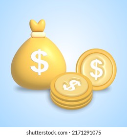 3D money coin and money bag vector icon set 