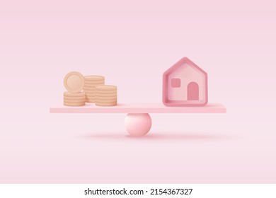 3D money coin compare house on weighing scale, financial investing, money-saving, money exchange with home, financial home loan management concept. 3d property balance vector render in pink background