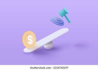 3D money coin compare judge gavel on weighing scales, financial investing, money exchange with law, financial management concept. 3d weighing balance vector render in purple background