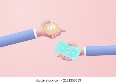 3D Money Coin Hand Holding Transfer To Banknote For Online Payment Concept, Bundles Cash And Floating Coins Exchange On Pastel Pink Background. Cashless Society Concept In 3d Vector Render