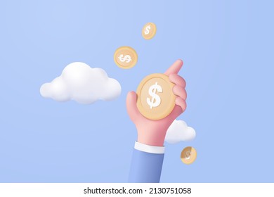 Moneda de moneda en 3D sosteniendo la nube sobre fondo azul del cielo. mantener dinero en concepto de mano de negocios, pago en línea en la nube y concepto de pago 3d vectorial. finanzas, ahorro de dinero en aislados