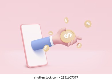 3D money coin hand holding on smartphone background. holding money in business hand concept, online payment on mobile. 3d vector render concept. finance, investment, money saving on hand isolated