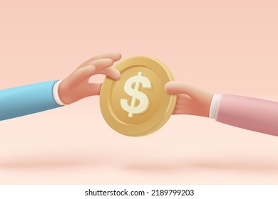 3D money coin hand holding on pink background. holding money in business hand concept, online payment and payment 3d vector render concept. finance, investment, money saving on hand isolated