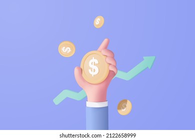 3D money coin holding for loan on blue background. holding money saving in business hand concept, online payment and payment 3d vector render concept. finance, investment, money saving on hand isolate