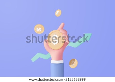 3D money coin holding for loan on blue background. holding money saving in business hand concept, online payment and payment 3d vector render concept. finance, investment, money saving on hand isolate