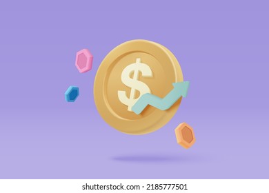 3D-Geldmünzen sparen auf pastellviolettem Hintergrund. Bundle Bargeld und schwimmende Münzen Austausch mit dem Finanzgeschäft Konzept, Einnahmen Investitionen. 3D-Vektorsymbol-Handel für Investment-Rendering-Illustration