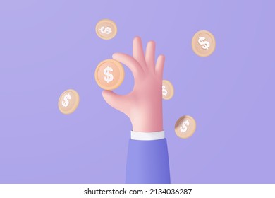 3D money coin saving hand holding on purple background. 3d holding money saving in business hand, online payment and payment 3d vector render concept. finance, investment, money saving on hand isolate