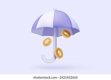 3D money coin saving on umbrella. Insurance protection with bundles cash and floating coins exchange with finance business concept, earning investment. 3d money icon vector rendering illustration