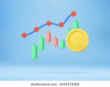 3D money coin saving and trading concept. Growth stock diagram financial graph or business investment market trade. 3d rendering. Vector illustration