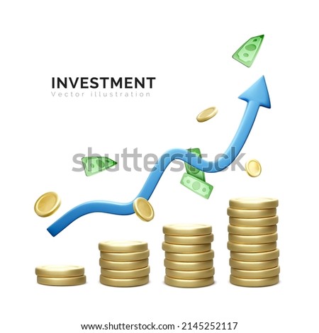 3D money coin stack and blue arrow up isolated on white background. coin stack growing business banner. Investment and money earning growth concept. Vector illustration