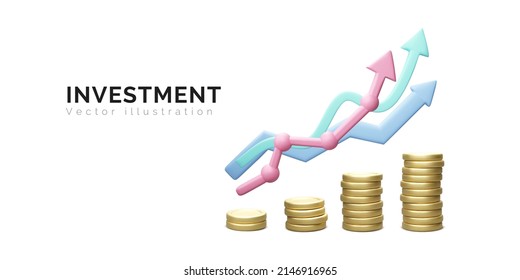 3D money coin stack and gold arrows up isolated on white background. coin stack growing business concept. Investment and money earning growth concept. Vector illustration