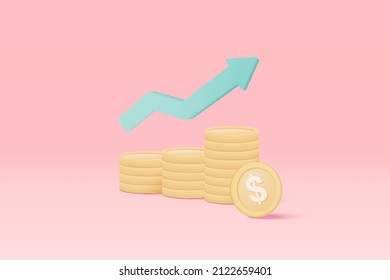 3D Money Coin Stacks And Arrow Up On Pastel Pink Background. Coin Stack Growing Business Isolate Concept, 3d Money Vector Render For Finance, Investment, Money Earning Growth Illustration Concept