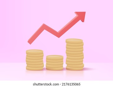 3D money coin stacks and red arrow up on pastel background