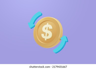 Transferencia de monedas en 3D con concepto de finanzas e inversión, concepto de pago en línea, paquetes de efectivo y cambio de monedas flotantes. concepto de sociedad sin efectivo en Icono de dinero 3d ilustración de representación vectorial