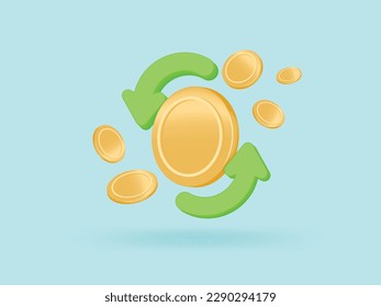 3D money coin transfer with concept of finance and investment, online payment 3d concept, bundles cash coins exchange. cashless society concept in 3d money exchange icon vector rendering illustration