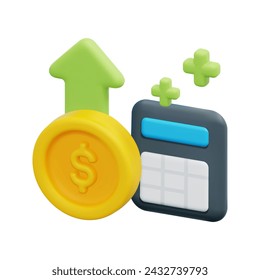 3d money coins, arrow up and calculator icon vector. Isolated on white background. 3d accounting, business and finance concept. Cartoon minimal style. 3d profit icon vector render illustration.