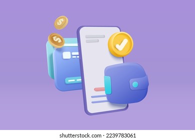 3D money and credit card holding wallet with 3d mobile phone financial security, online payment and money saving, business finance investment. 3d money wallet payment icon vector render illustration