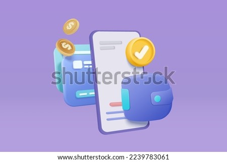 3D money and credit card holding wallet with 3d mobile phone financial security, online payment and money saving, business finance investment. 3d money wallet payment icon vector render illustration