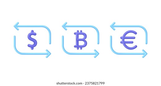 3D Money exchange icon. Concept of currency exchange or cash back. Money conversion. Dollar, euro, bitcoin. Trendy and modern vector in 3d style. svg
