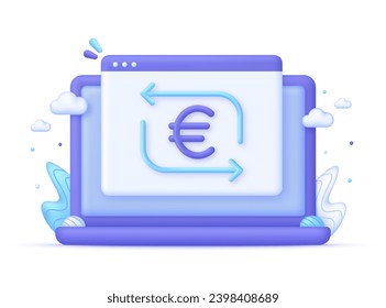 3D Money exchange icon on Computer. Concept of currency exchange or cash back. Money conversion. Euro icon. Trendy and modern vector in 3d style