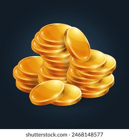 3d money, few gold coins in realistic style, isolated on dark blue background
