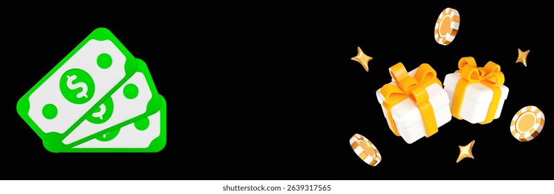 3d money with gold casino chips with stars around white gift boxes. Stock vector illustration on black isolated background.