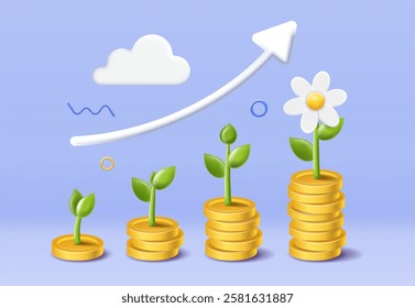 3D money growth. Stack of coins with sprouts and flower. Financial literacy and passive income. Economics and investing, trading. Profit increase. Soft isometric vector illustration