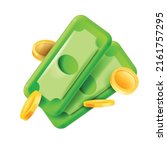 3D money icon, vector dollar cash bill illustration, flying golden coins, financial cartoon banknote clipart. Green American currency bank paper online payment cashback concept. Isolated 3D money sign