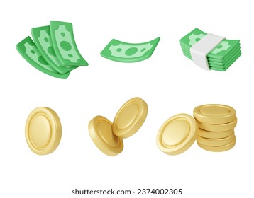 Iconos de dinero 3D al estilo de las caricaturas. Conjunto de ilustraciones de colores vectoriales de billetes y monedas