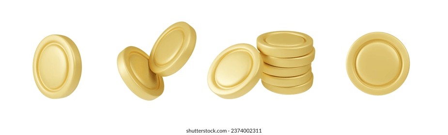 3D money icons in cartoon style. Set of vector color illustrations of gold coins