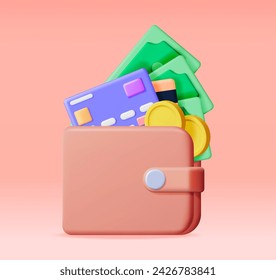 3D Money and Leather Wallet. Bank Card and Purse. Gold Coins and Dollar Bills. Render Money Bills. Growth, Income, Savings, Investment. Symbol of Wealth. Business Success. Vector illustration.