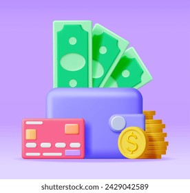 3D Money and Leather Wallet. Bank Card and Purse. Gold Coins and Dollar Bills. Render Money Bills. Growth, Income, Savings, Investment. Symbol of Wealth. Business Success. Vector illustration.